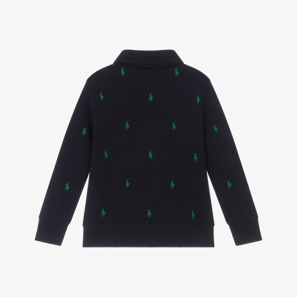 Ralph Lauren-Boys Navy Blue Cotton Quarter-Zip Sweatshirt with Pony Logos | Childrensalon