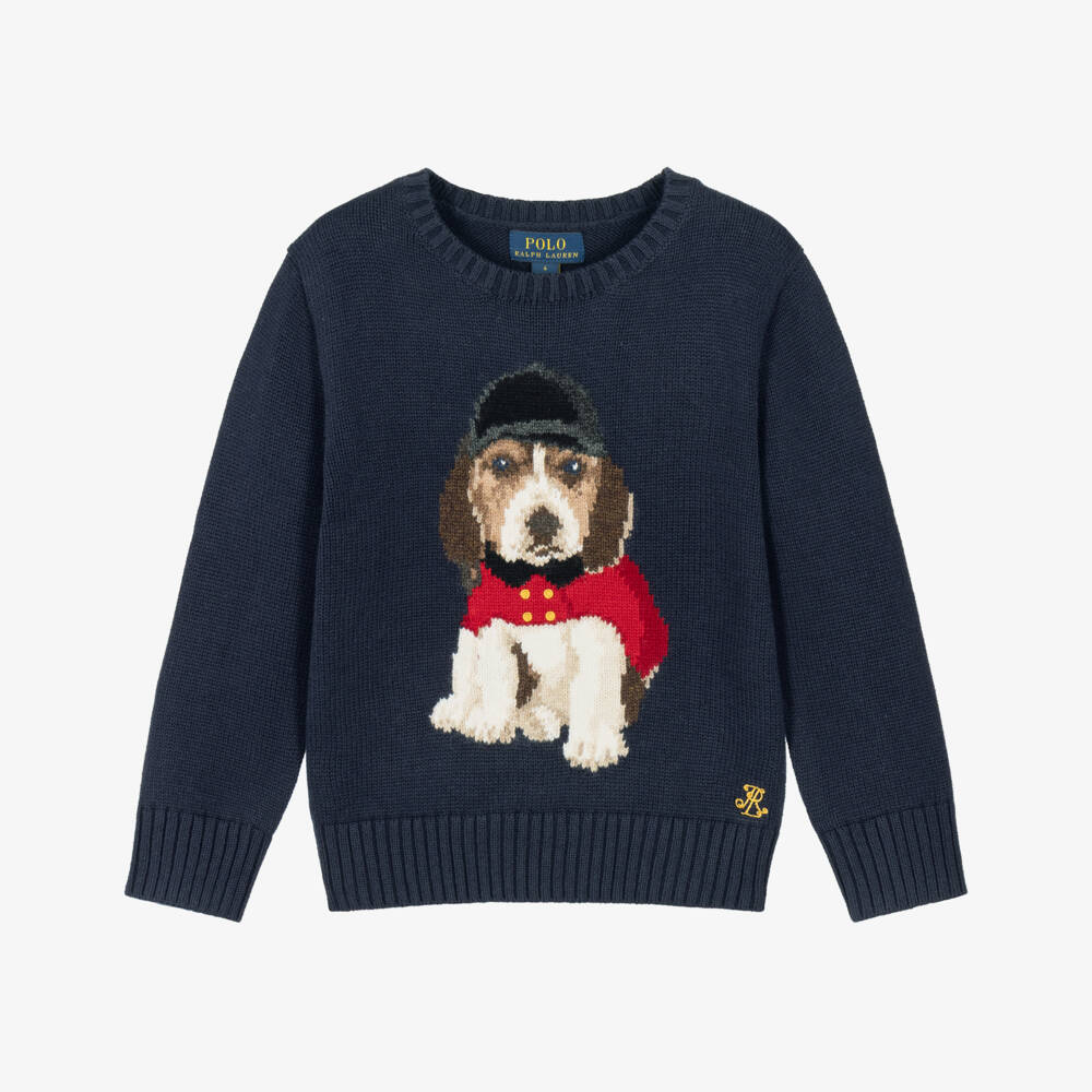Ralph Lauren-Boys Navy Blue Cotton Sweater with Dog Intarsia | Childrensalon