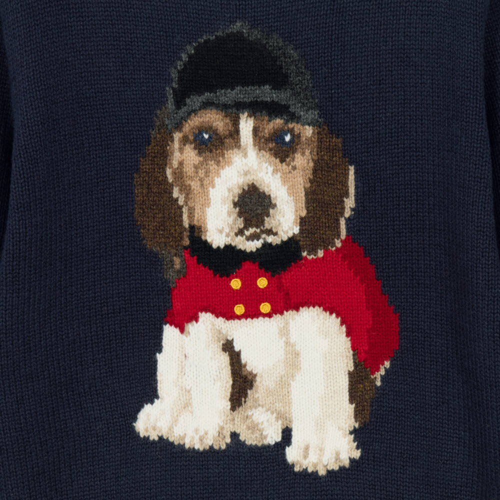 Ralph Lauren-Boys Navy Blue Cotton Sweater with Dog Intarsia | Childrensalon
