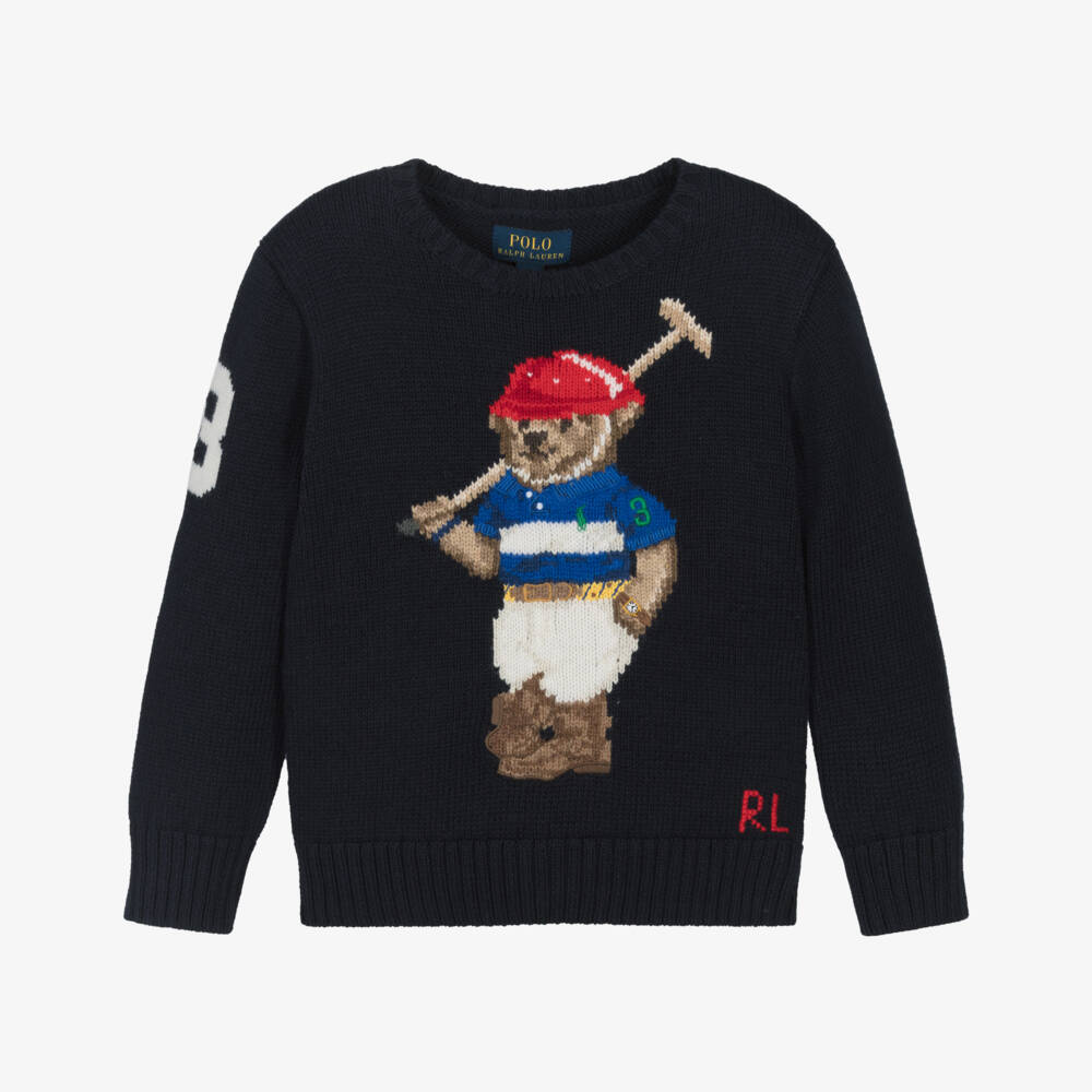 Ralph Lauren-Boys Navy Blue Cotton Sweater with Polo Bear Motif | Childrensalon