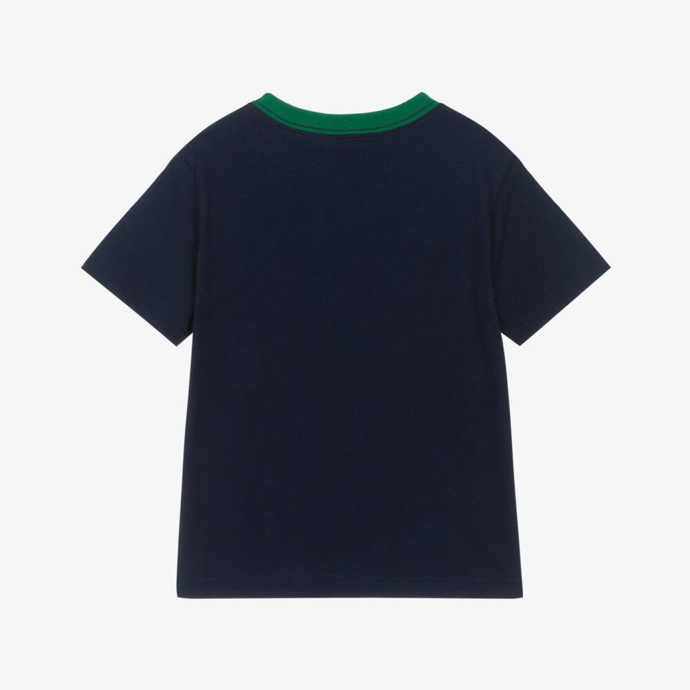 Ralph Lauren-Boys Navy Blue Cotton T-Shirt with Green Logo | Childrensalon