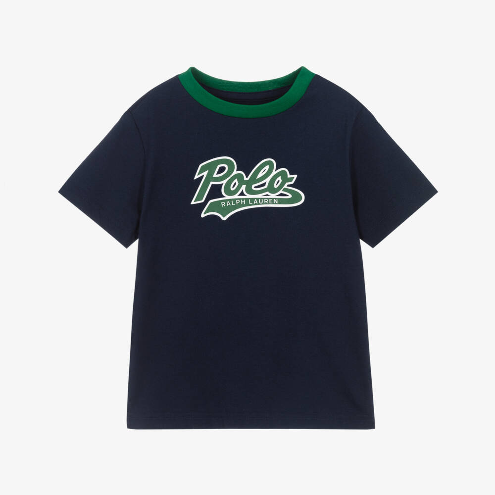 Ralph Lauren-Boys Navy Blue Cotton T-Shirt with Green Logo | Childrensalon