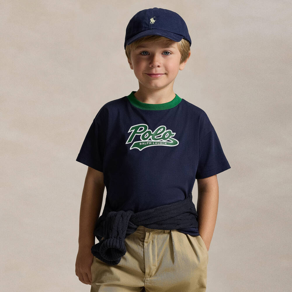 Ralph Lauren-Boys Navy Blue Cotton T-Shirt with Green Logo | Childrensalon