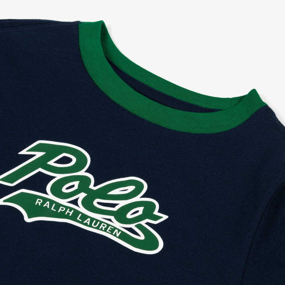 Ralph Lauren-Boys Navy Blue Cotton T-Shirt with Green Logo | Childrensalon