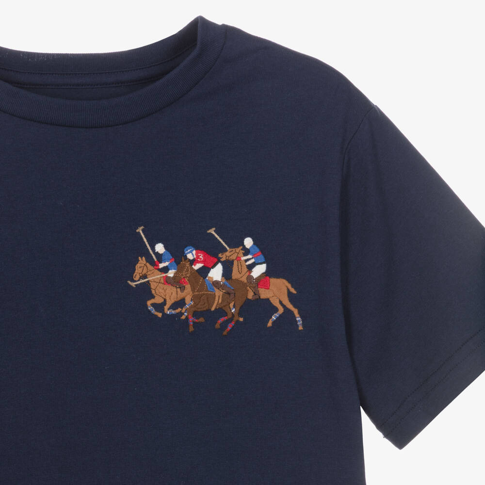 Ralph Lauren-Boys Navy Blue Cotton T-Shirt with Triple Pony Logo | Childrensalon