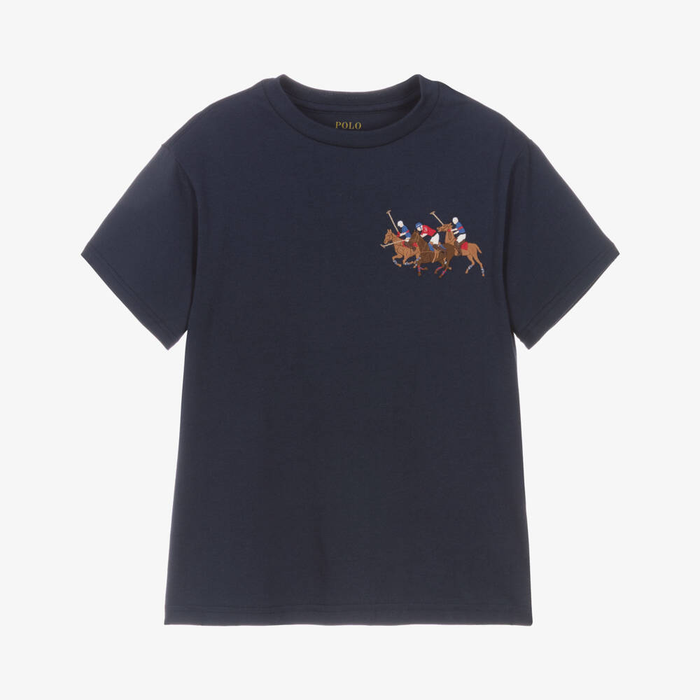 Ralph Lauren-Boys Navy Blue Cotton T-Shirt with Triple Pony Logo | Childrensalon