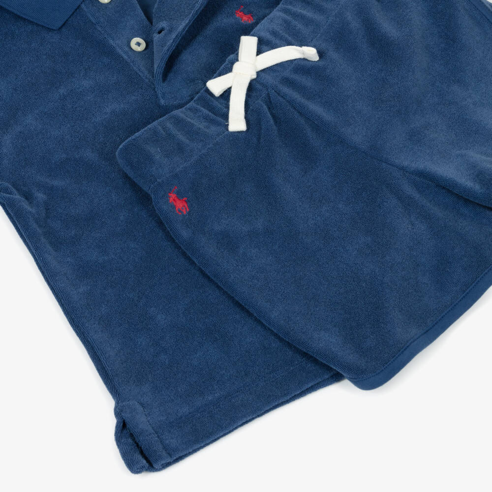 Ralph Lauren-Boys Navy Blue Cotton Towelling Shorts Set | Childrensalon