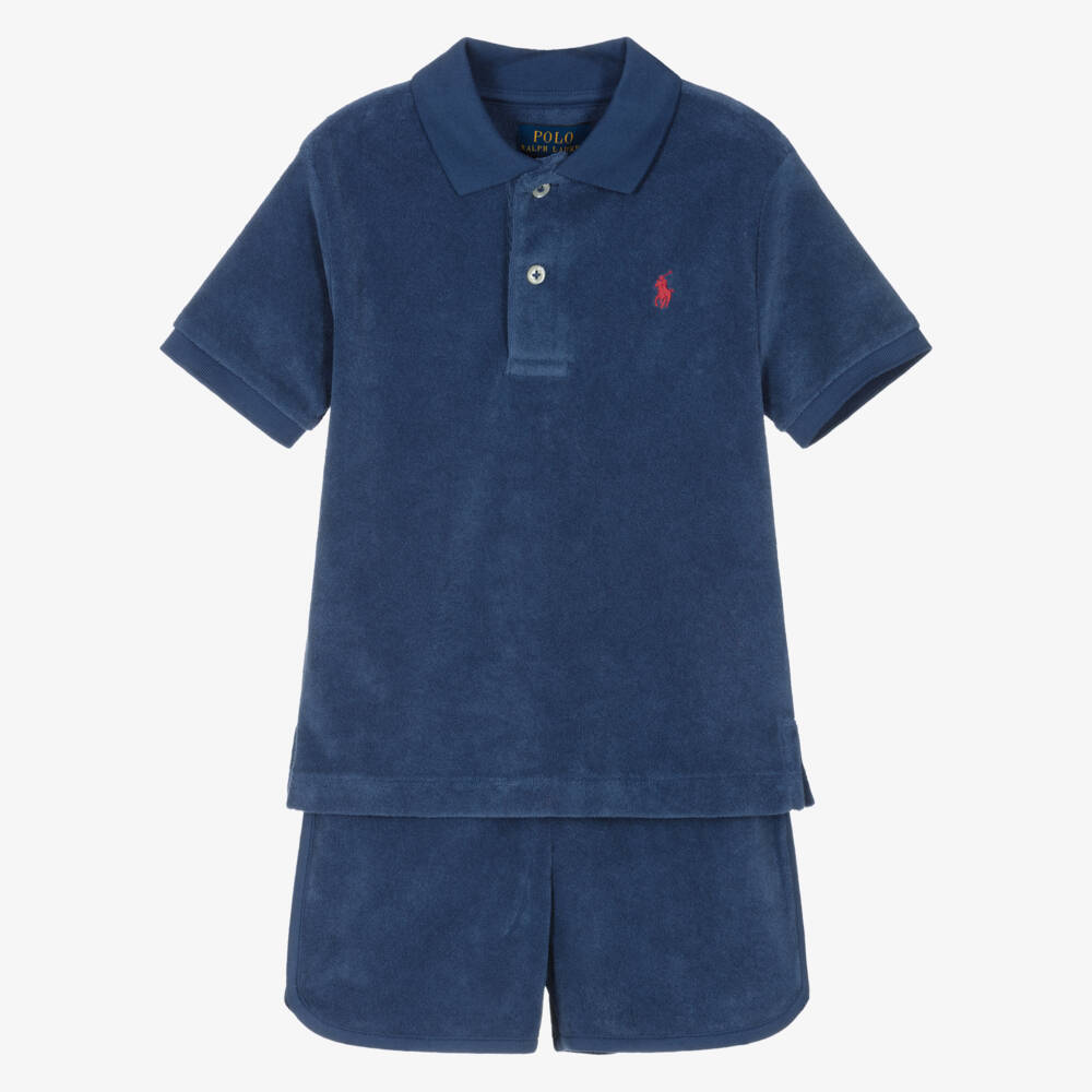 Ralph Lauren-Boys Navy Blue Cotton Towelling Shorts Set | Childrensalon