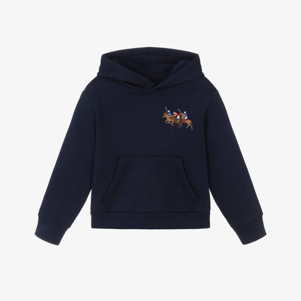 Ralph Lauren-Boys Navy Blue Cotton Triple Pony Logo Hoodie | Childrensalon