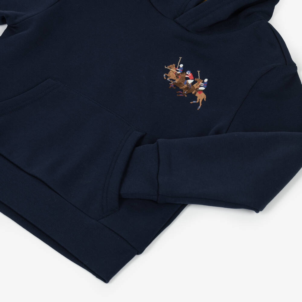 Ralph Lauren-Boys Navy Blue Cotton Triple Pony Logo Hoodie | Childrensalon
