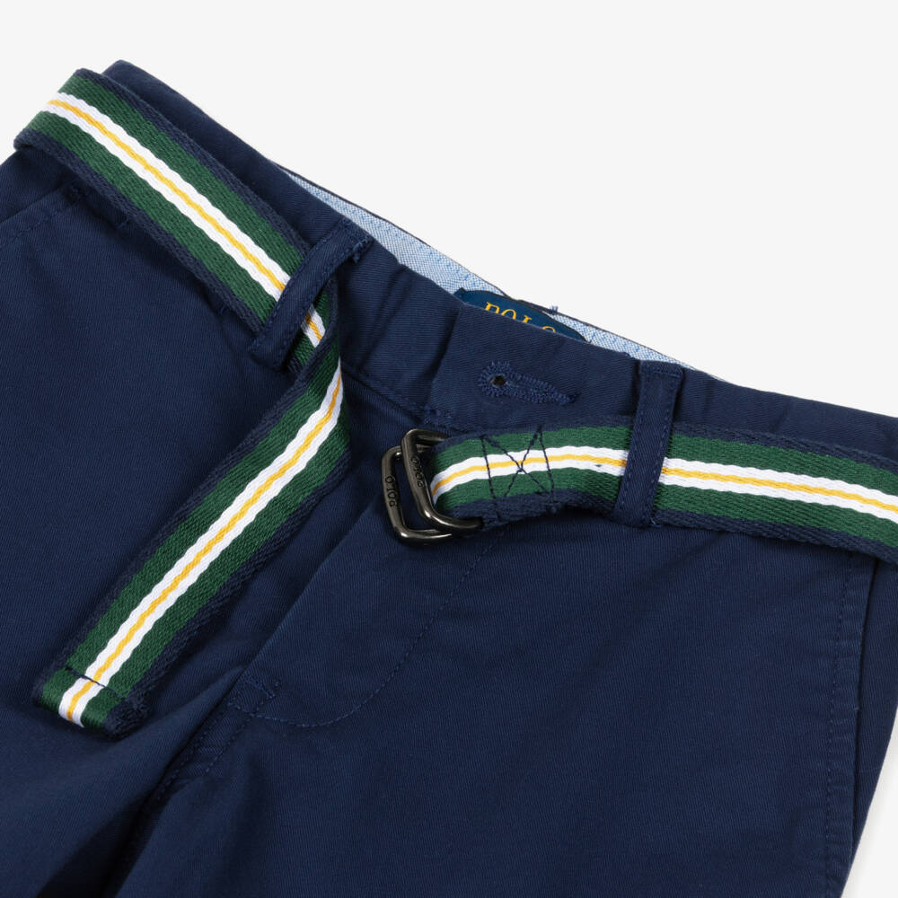 Ralph Lauren-Boys Navy Blue Cotton Twill Shorts with Removable Belt | Childrensalon