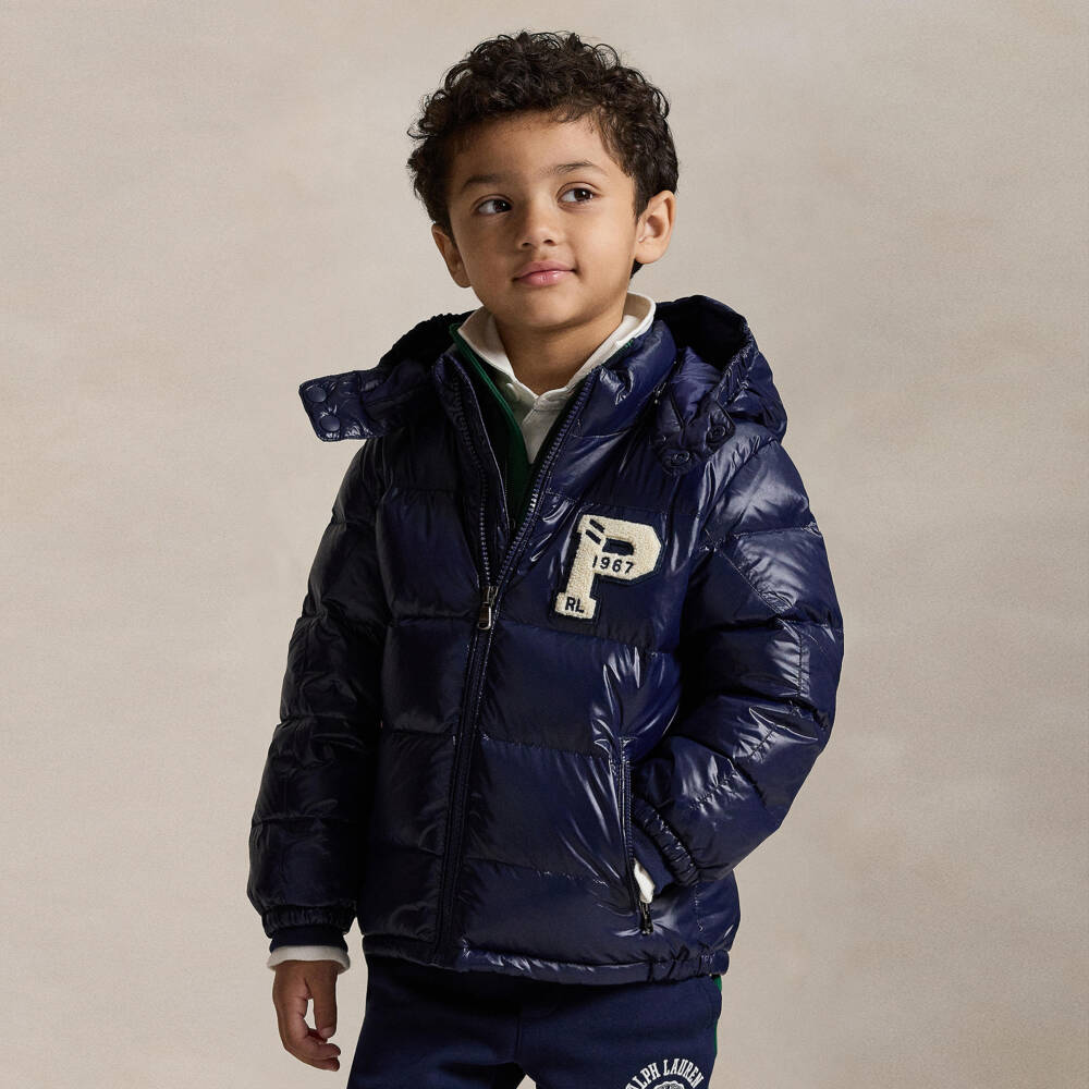 Ralph Lauren-Boys Navy Blue Down Puffer Jacket with Detachable Hood | Childrensalon