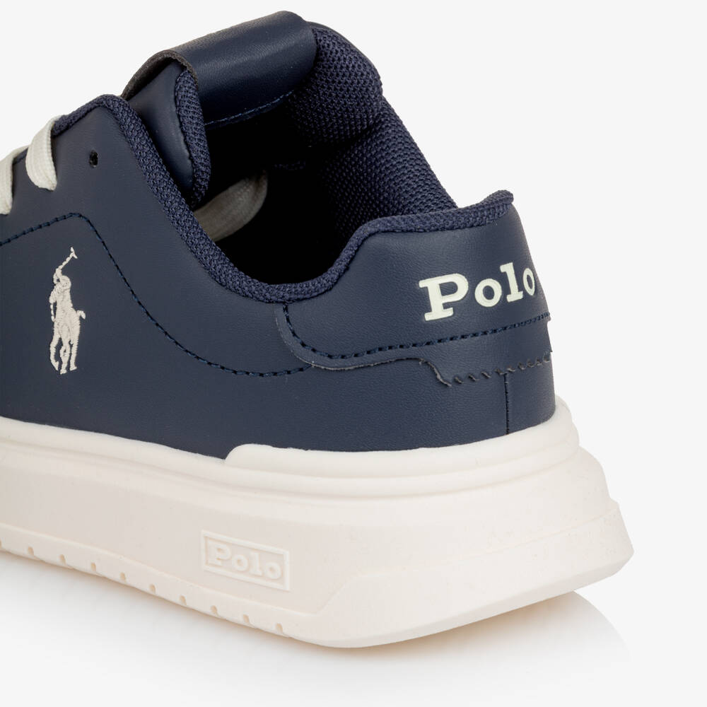 Ralph Lauren-Boys Navy Blue Faux Leather Lace-Up Trainers | Childrensalon