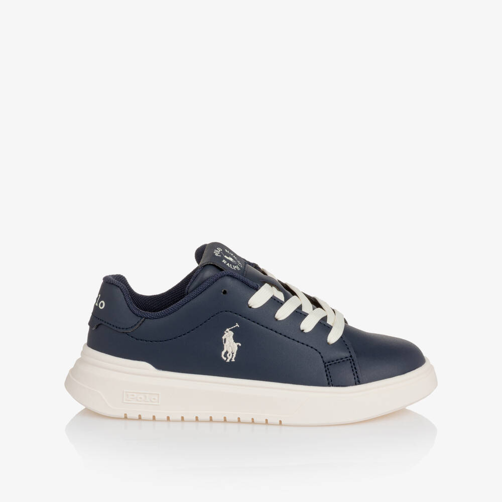 Ralph Lauren-Boys Navy Blue Faux Leather Lace-Up Trainers | Childrensalon
