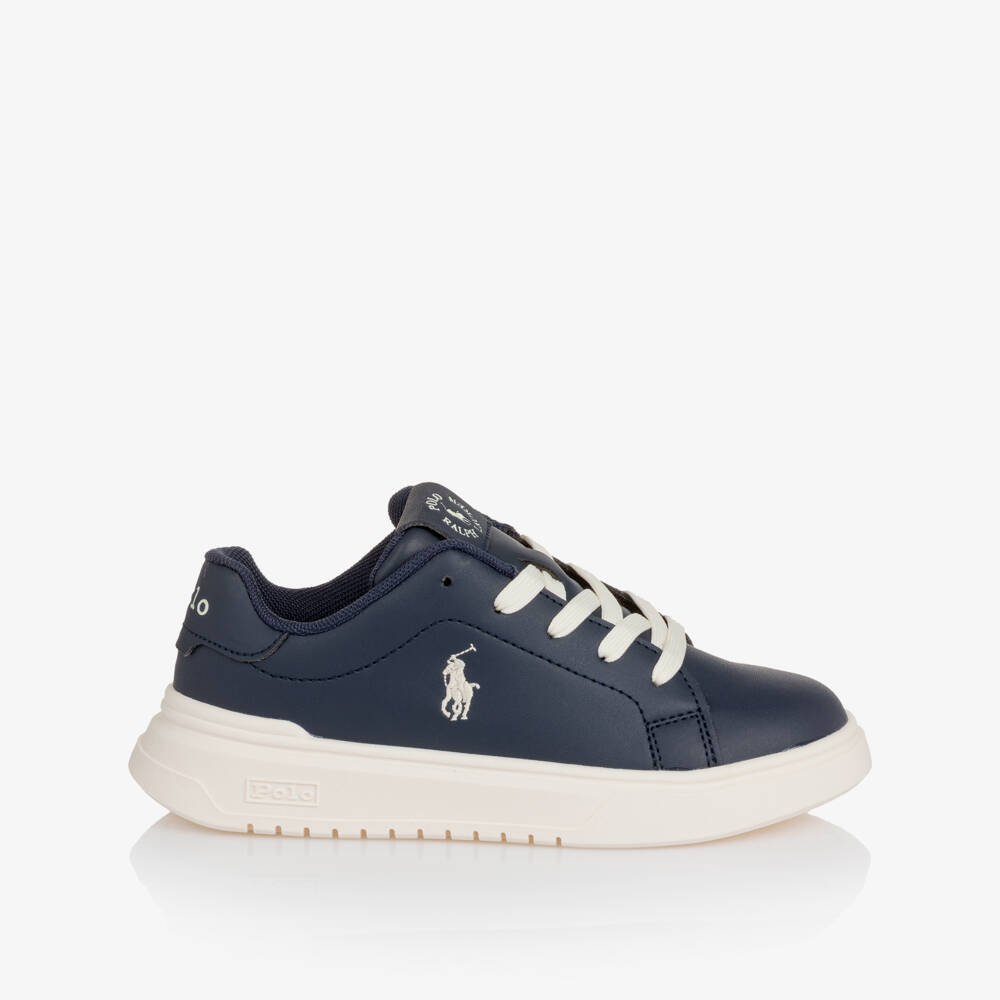 Ralph Lauren-Boys Navy Blue Faux Leather Lace-Up Trainers | Childrensalon