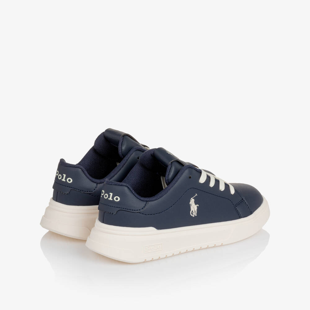 Ralph Lauren-Boys Navy Blue Faux Leather Lace-Up Trainers | Childrensalon