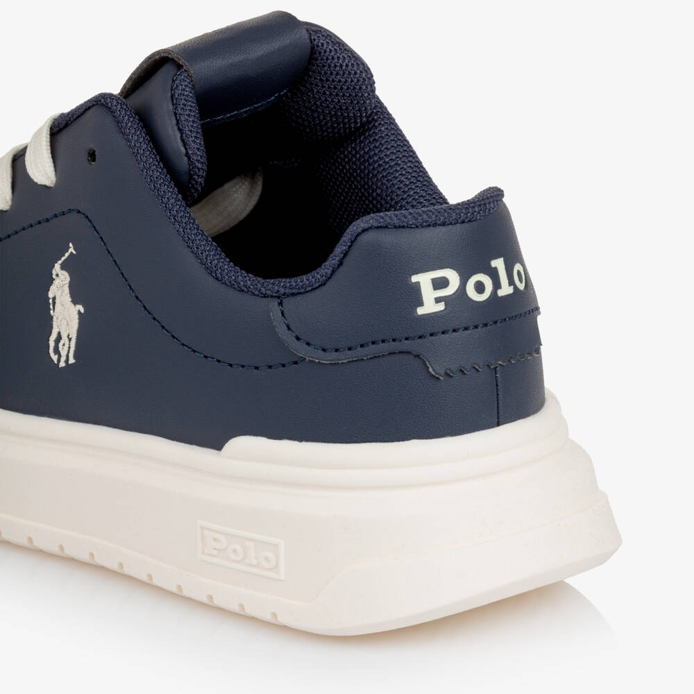 Ralph Lauren-Boys Navy Blue Faux Leather Lace-Up Trainers | Childrensalon