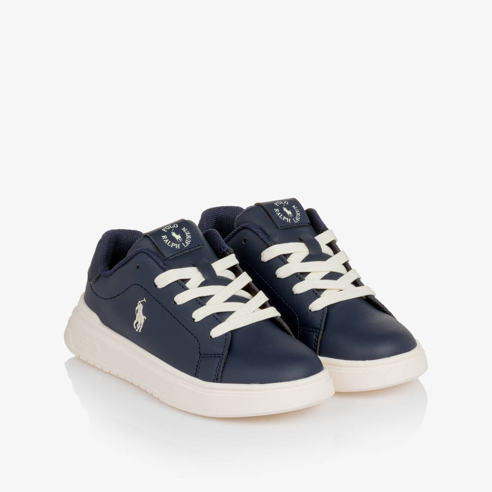 Ralph Lauren-Boys Navy Blue Faux Leather Lace-Up Trainers | Childrensalon