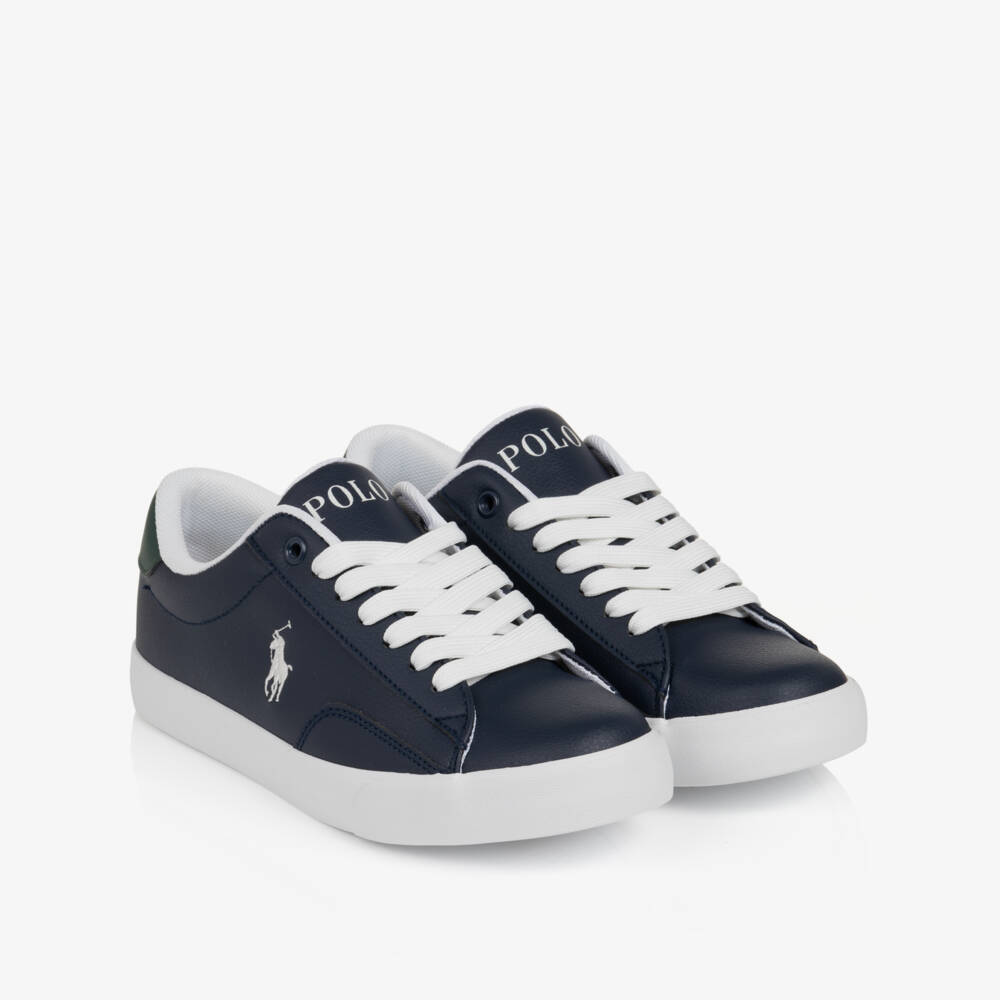 Ralph Lauren-Boys Navy Blue Faux Leather Theron Lace-Up Trainers | Childrensalon