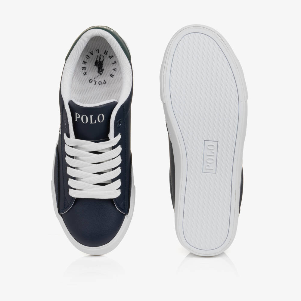 Ralph Lauren-Boys Navy Blue Faux Leather Theron Lace-Up Trainers | Childrensalon