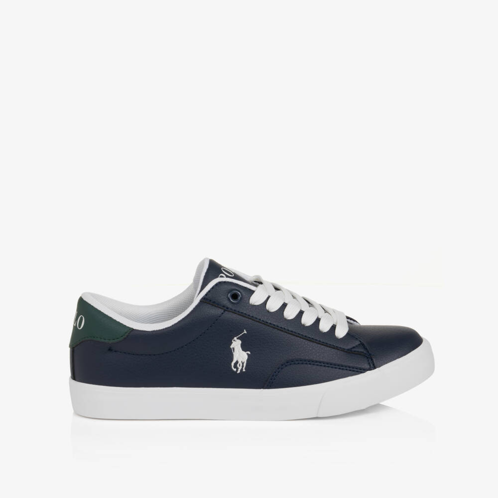 Ralph Lauren-Boys Navy Blue Faux Leather Theron Lace-Up Trainers | Childrensalon