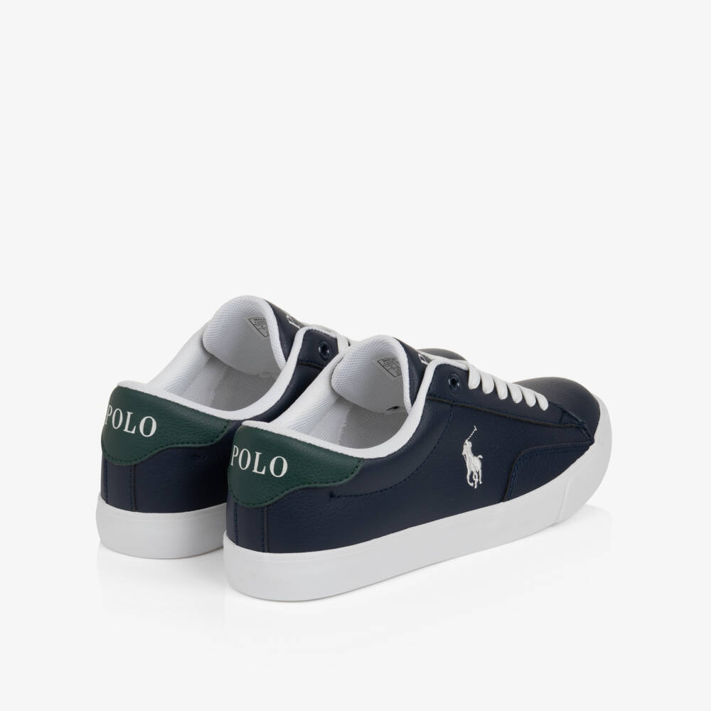 Ralph Lauren-Boys Navy Blue Faux Leather Theron Lace-Up Trainers | Childrensalon