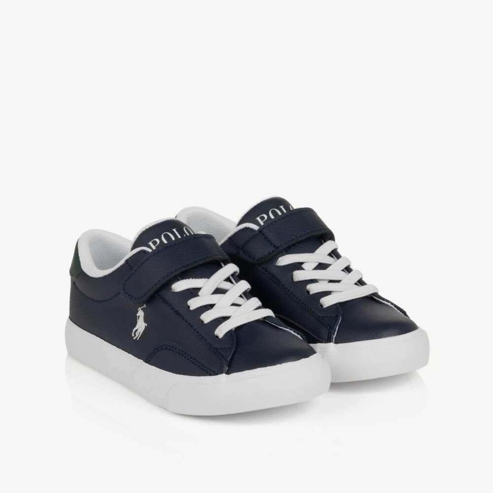 Ralph Lauren-Boys Navy Blue Faux Leather Theron Velcro Trainers | Childrensalon