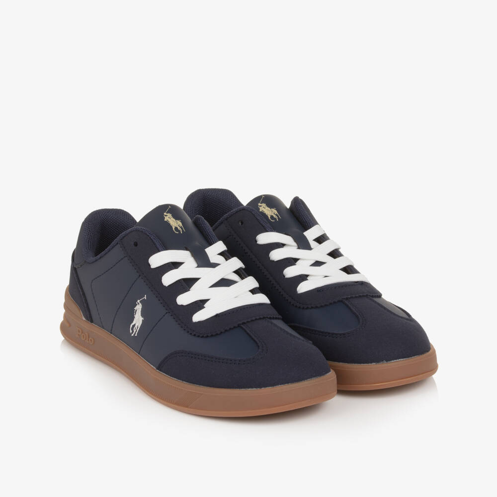 Ralph Lauren-Boys Navy Blue Faux Leather Trainers with Pony Logos | Childrensalon