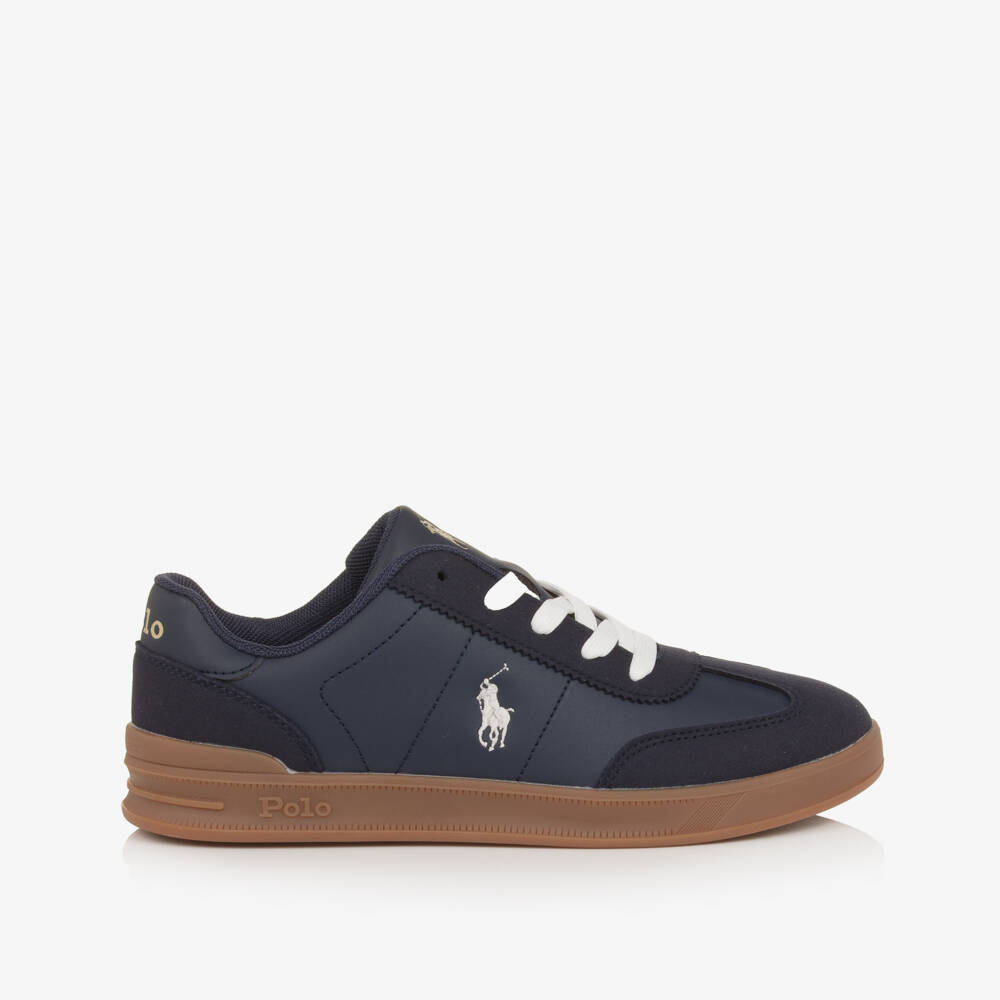 Ralph Lauren-Boys Navy Blue Faux Leather Trainers with Pony Logos | Childrensalon