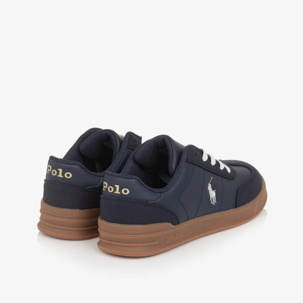Ralph Lauren-Boys Navy Blue Faux Leather Trainers with Pony Logos | Childrensalon