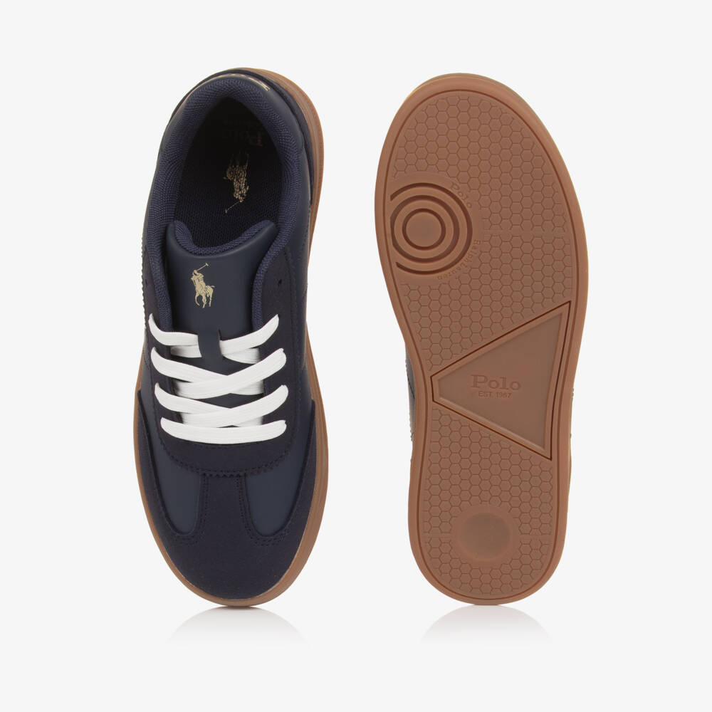 Ralph Lauren-Boys Navy Blue Faux Leather Trainers with Pony Logos | Childrensalon