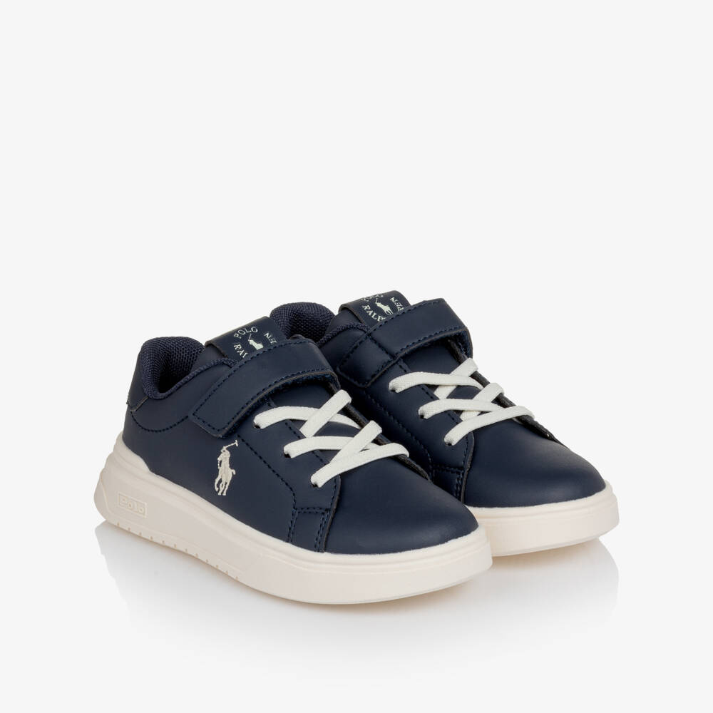 Ralph Lauren-Boys Navy Blue Faux Leather Velcro Trainers | Childrensalon