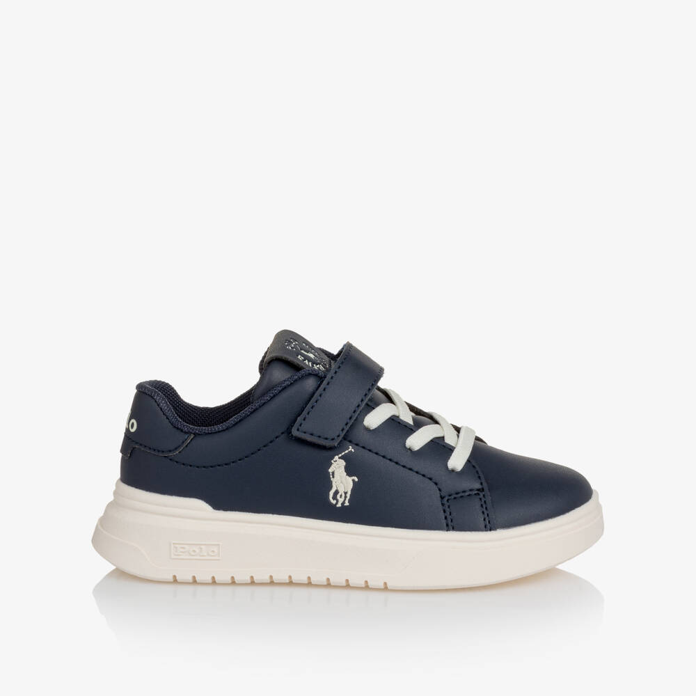 Ralph Lauren-Boys Navy Blue Faux Leather Velcro Trainers | Childrensalon