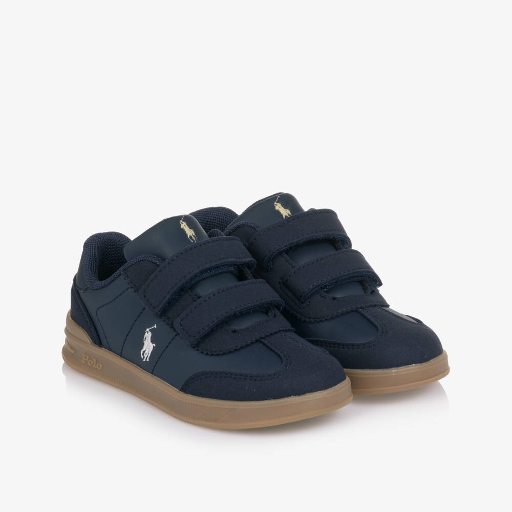 Ralph Lauren-Boys Navy Blue Faux Leather Velcro Trainers with Pony Logos | Childrensalon