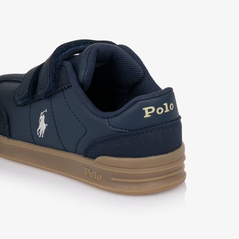 Ralph Lauren-Boys Navy Blue Faux Leather Velcro Trainers with Pony Logos | Childrensalon