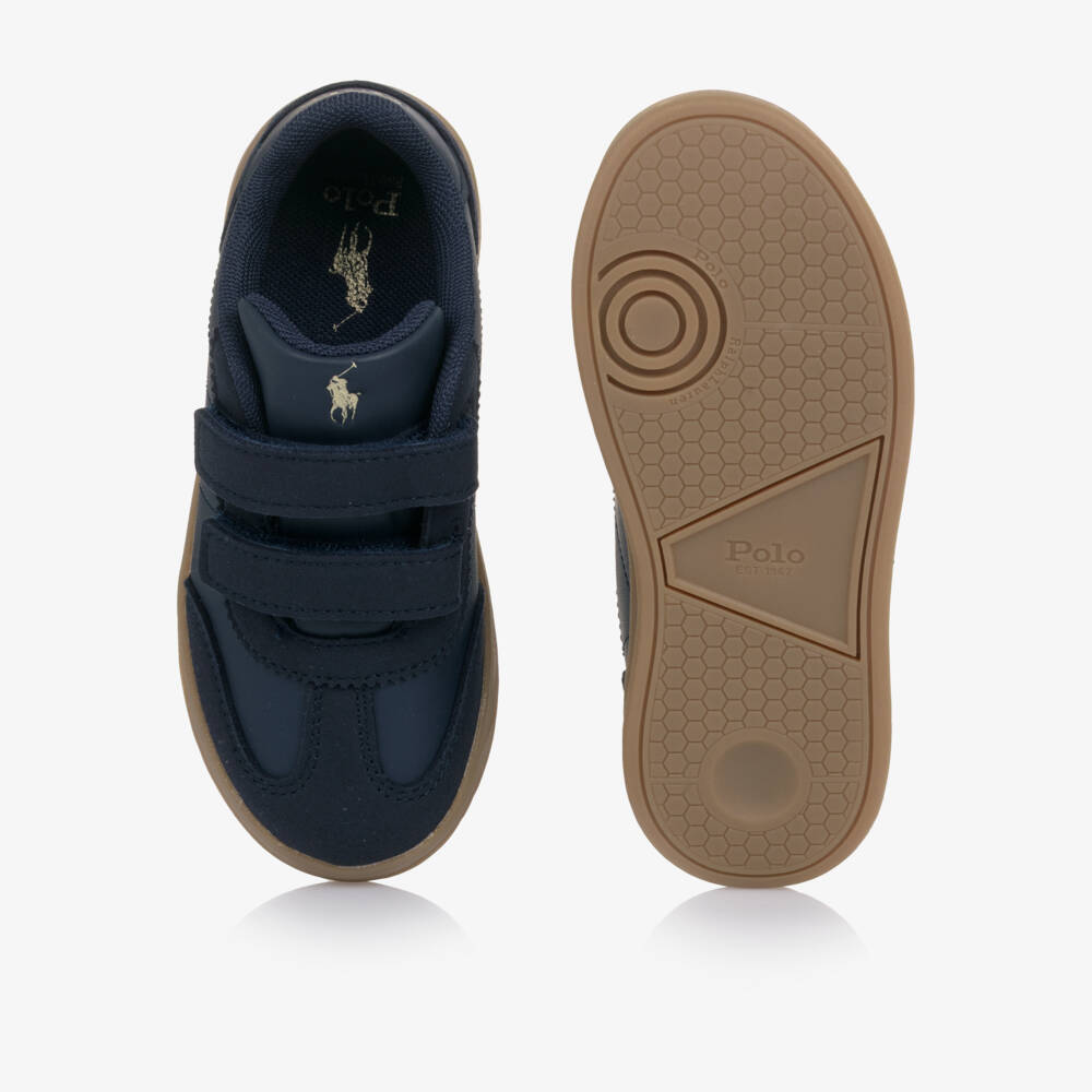 Ralph Lauren-Boys Navy Blue Faux Leather Velcro Trainers with Pony Logos | Childrensalon