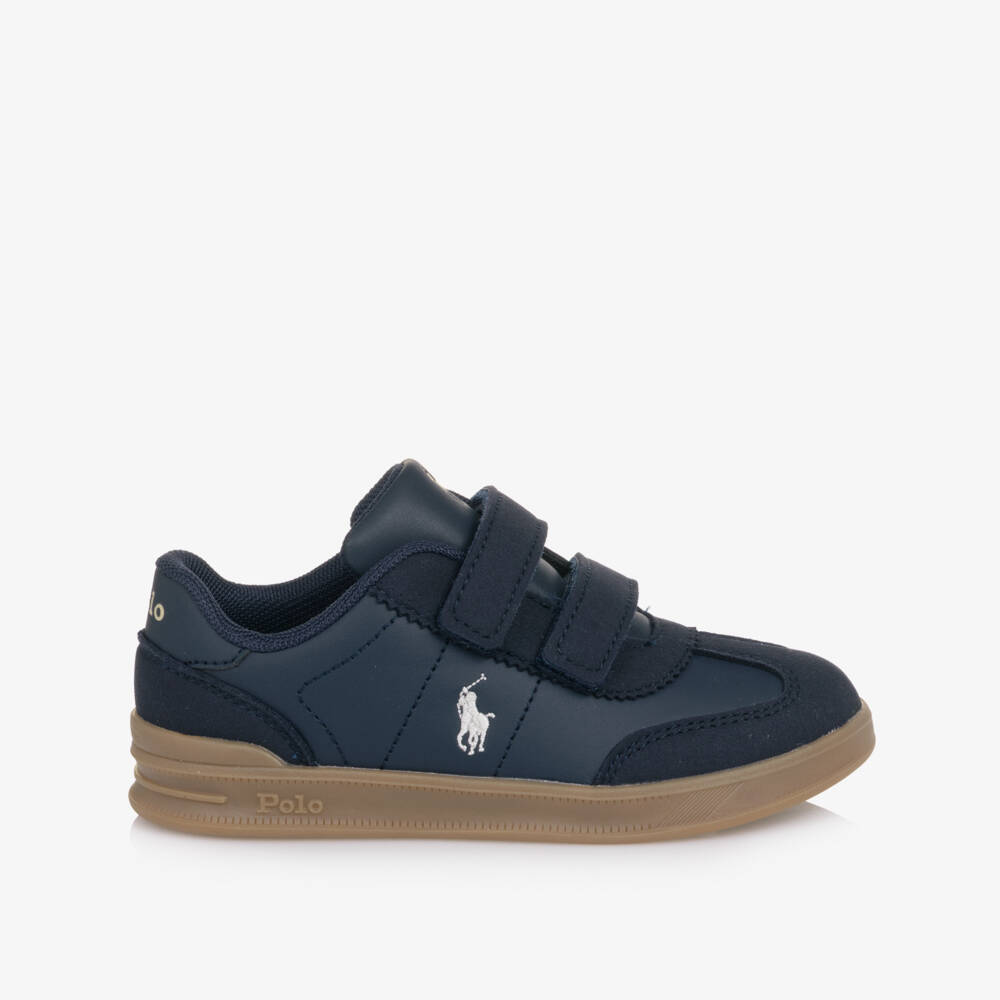Ralph Lauren-Boys Navy Blue Faux Leather Velcro Trainers with Pony Logos | Childrensalon