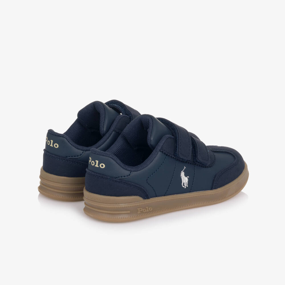 Ralph Lauren-Boys Navy Blue Faux Leather Velcro Trainers with Pony Logos | Childrensalon