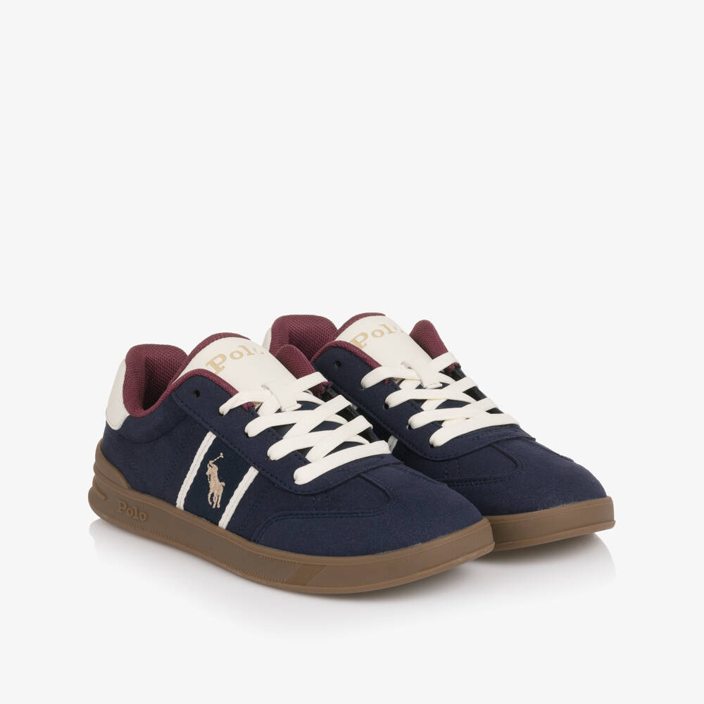 Ralph Lauren-Boys Navy Blue Faux Suede Lace-Up Trainers with Pony Logo | Childrensalon