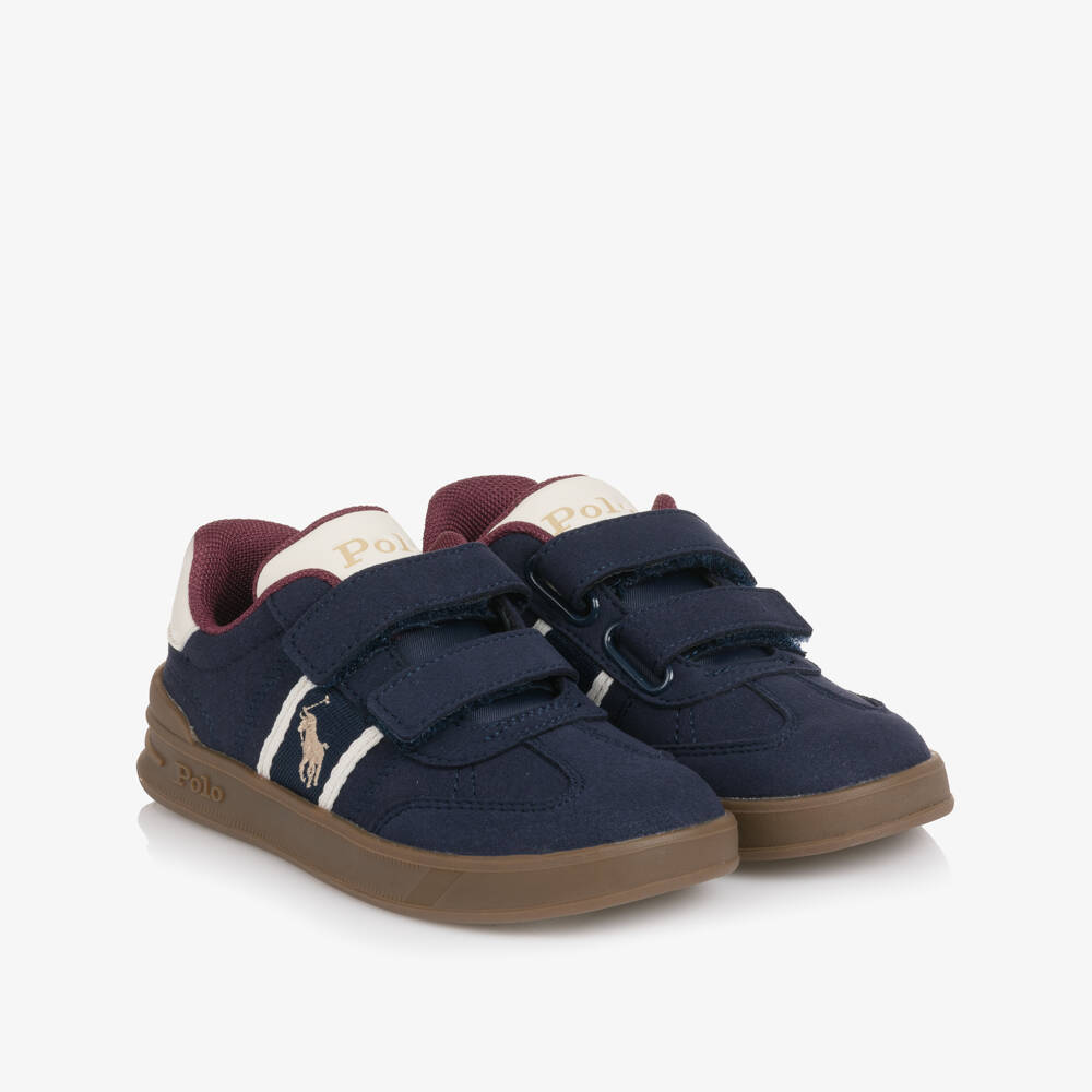 Ralph Lauren-Boys Navy Blue Faux Suede Velcro Trainers with Pony Logo | Childrensalon
