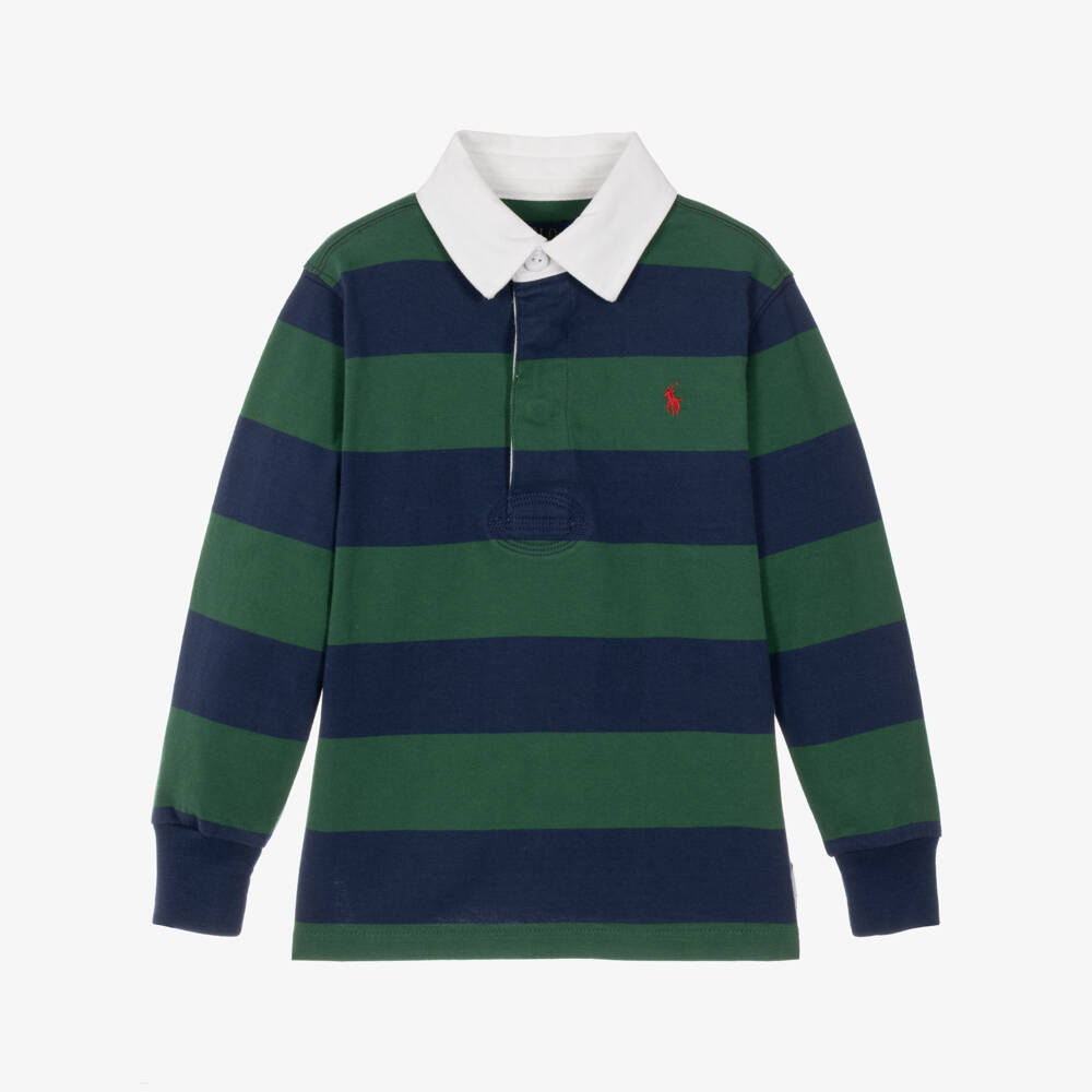 Ralph Lauren-Boys Navy Blue & Green Striped Rugby Shirt in Cotton | Childrensalon
