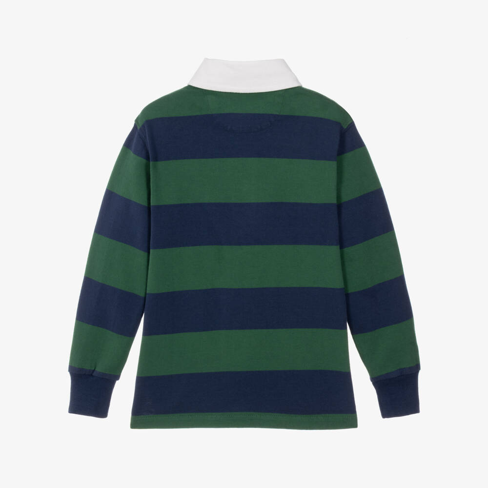 Ralph Lauren-Boys Navy Blue & Green Striped Rugby Shirt in Cotton | Childrensalon