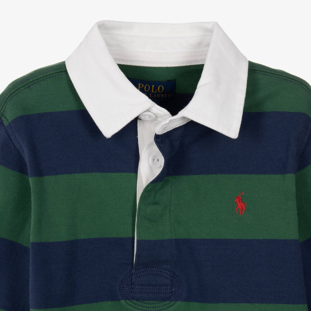 Ralph Lauren-Boys Navy Blue & Green Striped Rugby Shirt in Cotton | Childrensalon