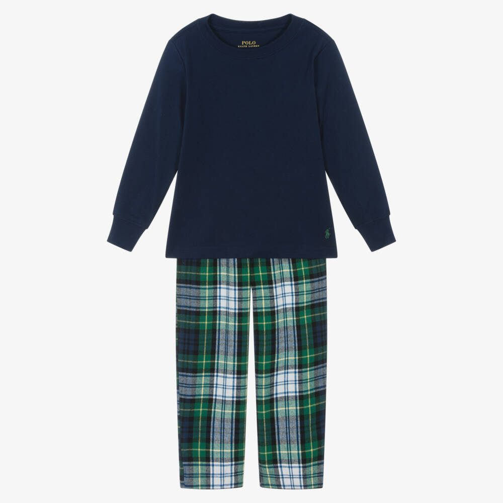 Ralph Lauren-Boys Navy Blue & Green Tartan Cotton Pyjamas | Childrensalon