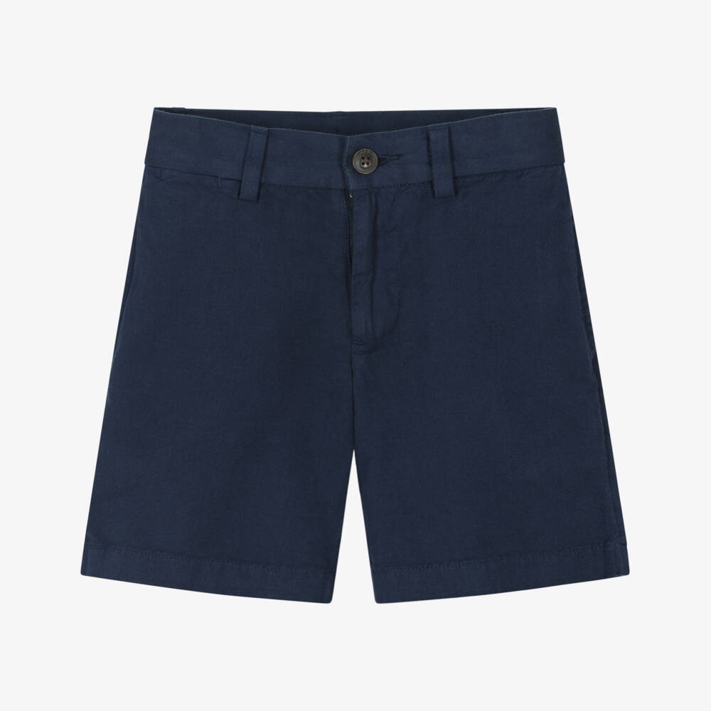 Ralph Lauren-Boys Navy Blue Linen & Cotton Pony Logo Shorts | Childrensalon