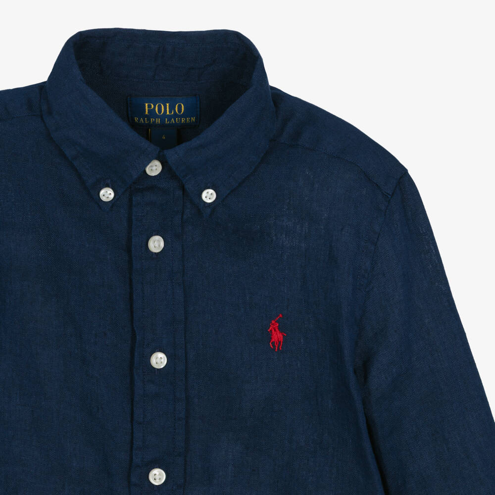 Ralph Lauren-Boys Navy Blue Linen Shirt with Red Pony Logo | Childrensalon