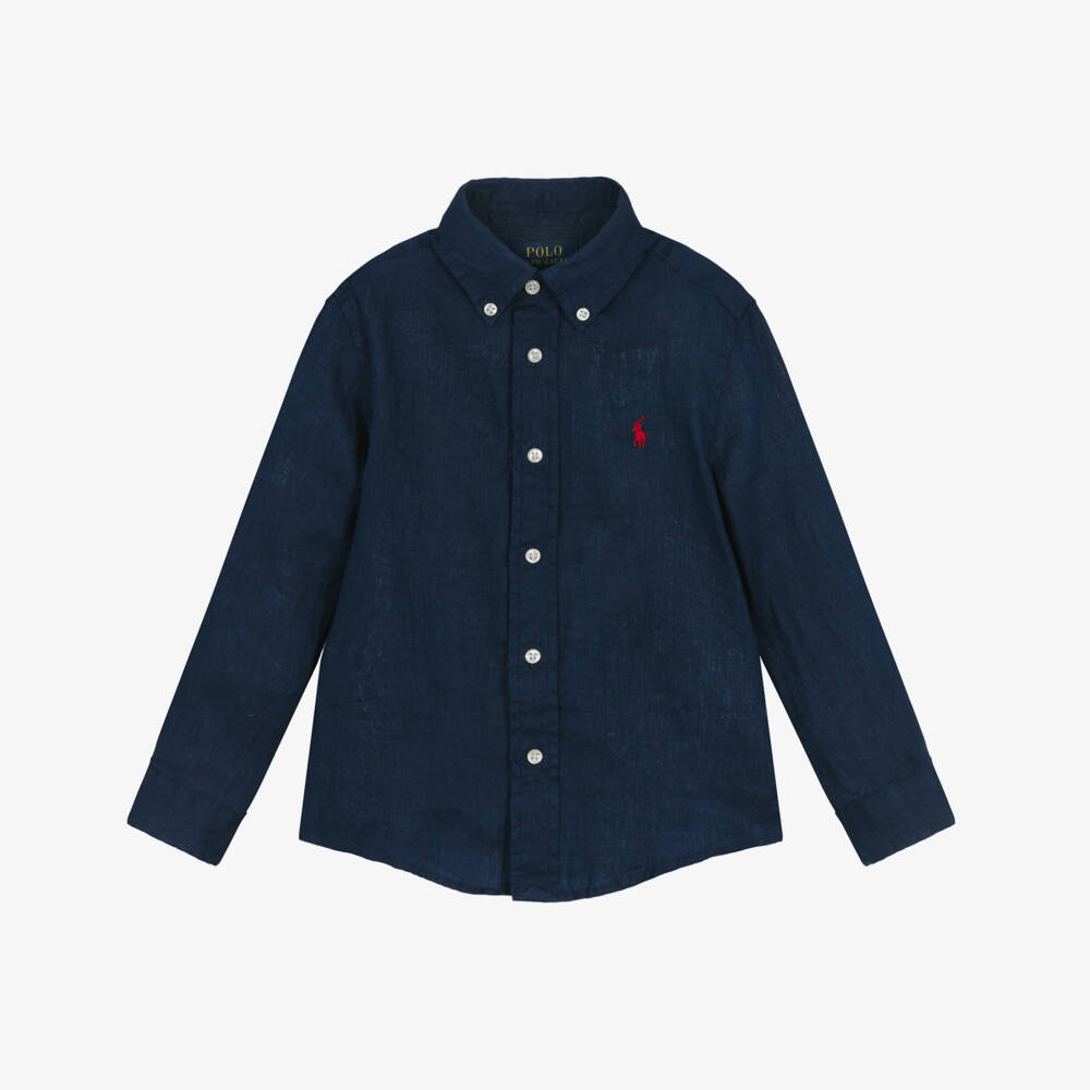 Ralph Lauren-Boys Navy Blue Linen Shirt with Red Pony Logo | Childrensalon