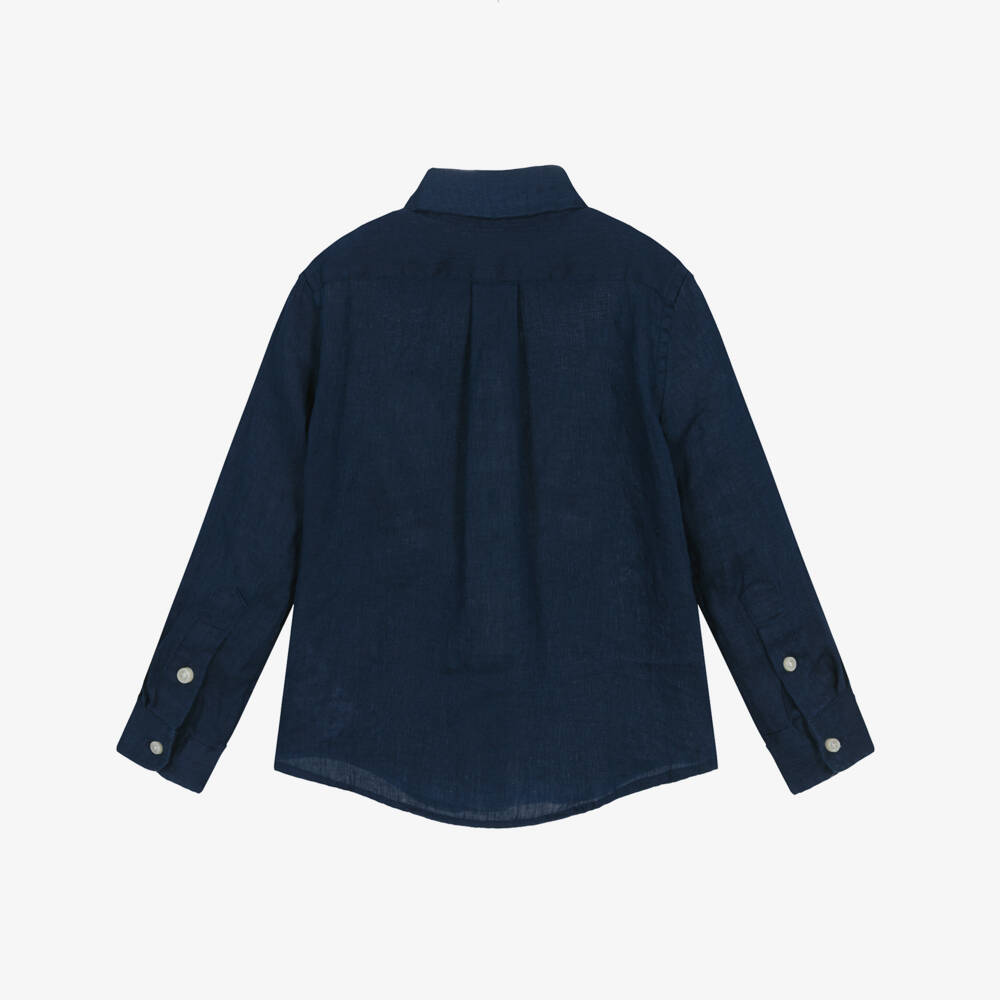 Ralph Lauren-Boys Navy Blue Linen Shirt with Red Pony Logo | Childrensalon