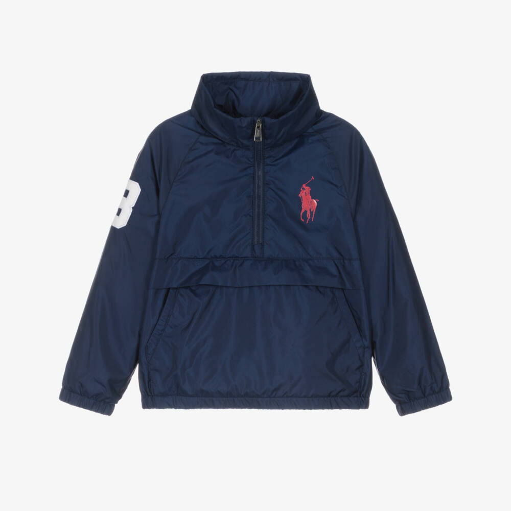 Ralph Lauren-Boys Navy Blue Nylon Packable Jacket with Red Big Pony Logo | Childrensalon