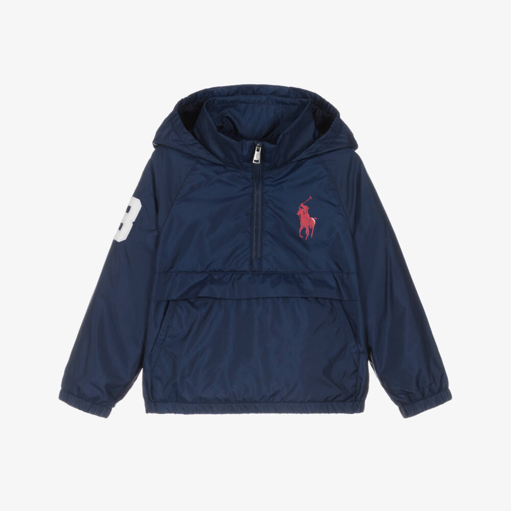 Ralph Lauren-Boys Navy Blue Nylon Packable Jacket with Red Big Pony Logo | Childrensalon